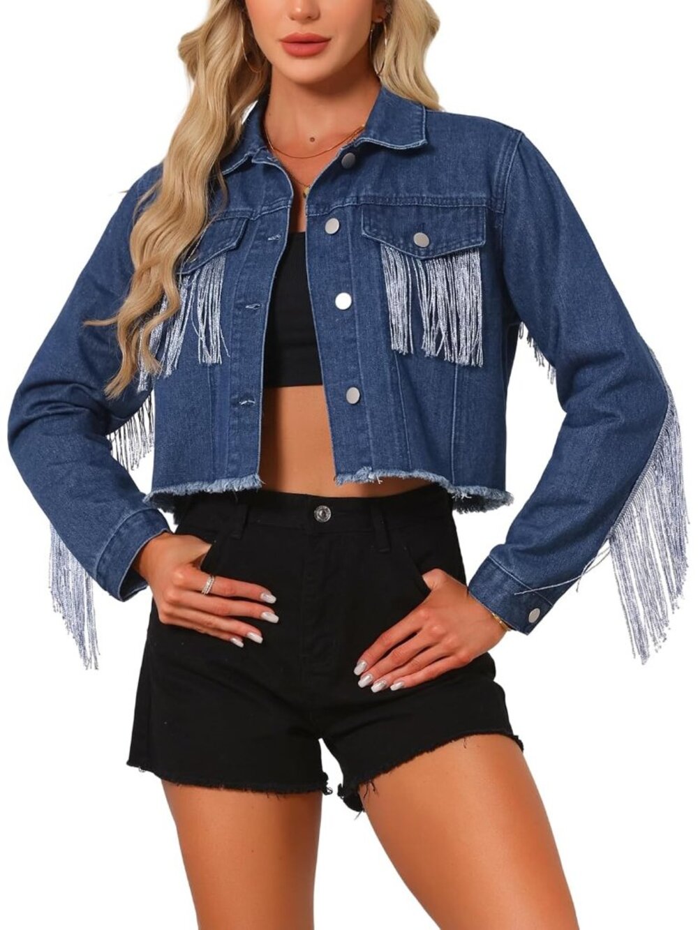 〽️Women's Dark Blue Fringe Denim Jacket Cropped Western Cowgirl